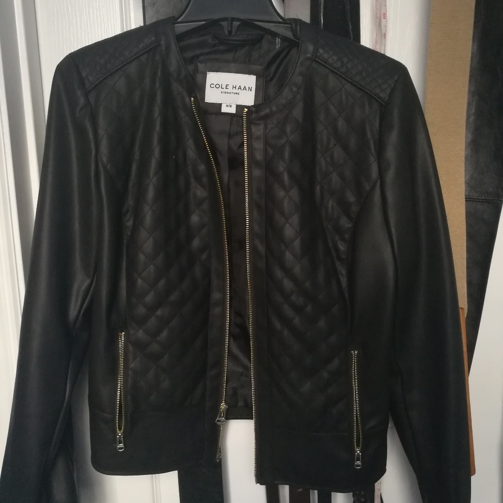 Cole Haan black faux leather Moto quilted jacket
